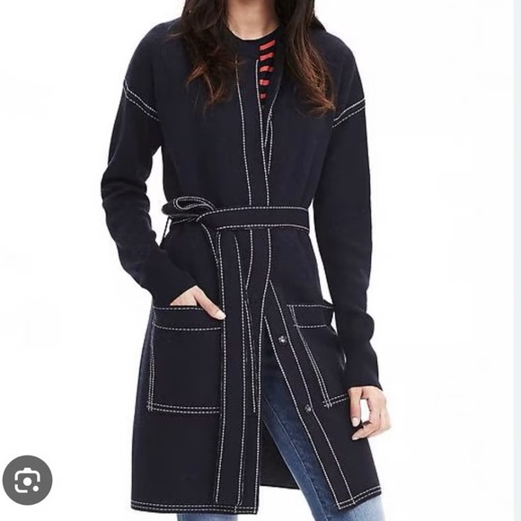 [M]Banana Republic Contrast Stitch Wool Blend Navy Belted SweaterJacket - Picture 1 of 12